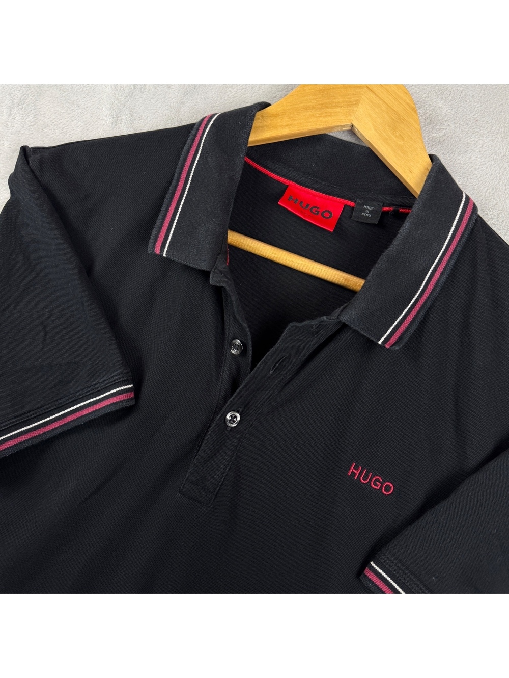 HUGO Boss Men’s L Black Pique Polo Shirt Embroidered Logo Striped Trim Peru Prep